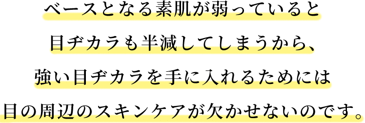 ベースとなる素肌が弱っていると
目ヂカラも半減してしまうから、強い目ヂカラを手に入れるためには目の周辺のスキンケアが欠かせないのです